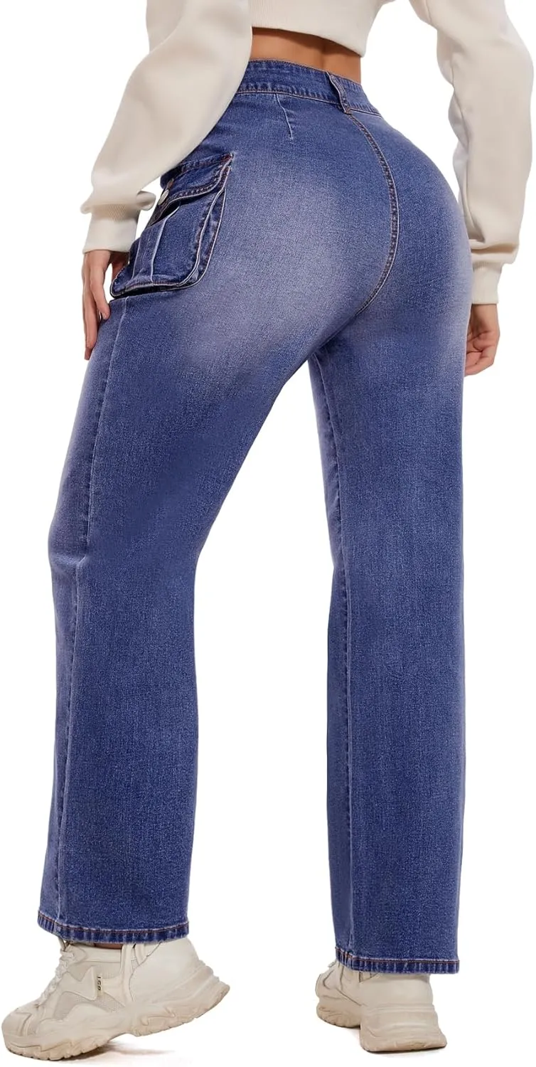 Women Denim Sweatpant Cargo Jeans High Waist Flap Pocket Casual Full-Length Wide Leg Pants Baggy Faux Jeans