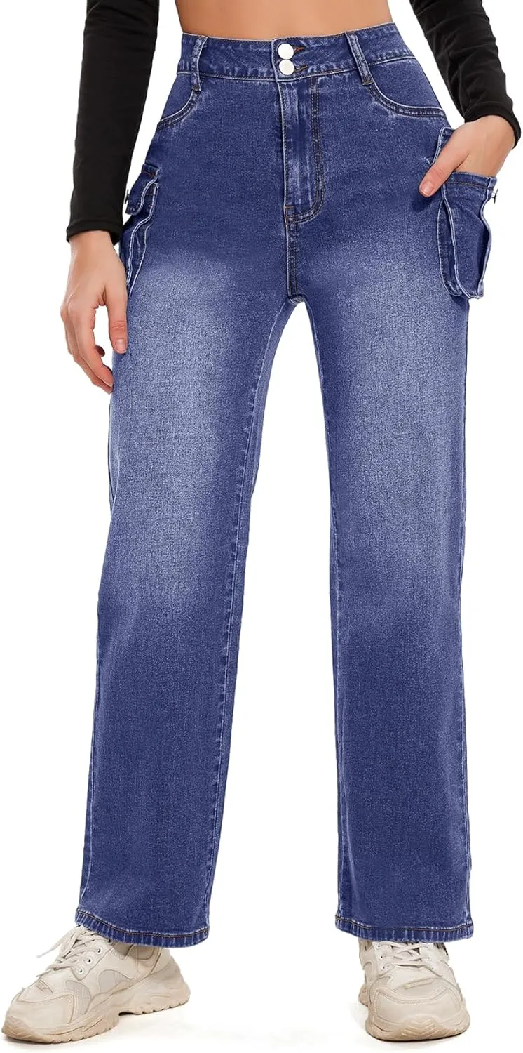 Women Denim Sweatpant Cargo Jeans High Waist Flap Pocket Casual Full-Length Wide Leg Pants Baggy Faux Jeans