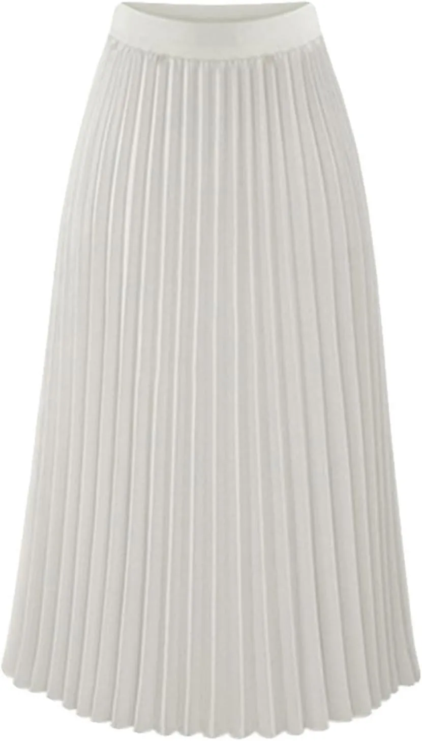 Women Elastic High Waist Pleated Skirt Solid Color Chiffon Casual Midi Swing A-line Skirts