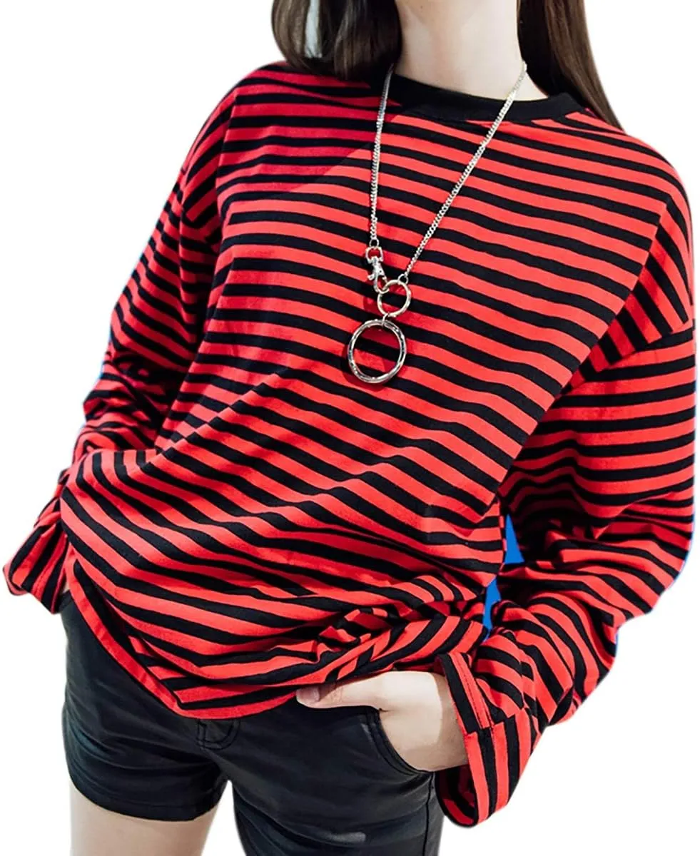Women Girls Casual Oversized Striped T Shirt Long Sleeves Pullover Sweatshirt Tops