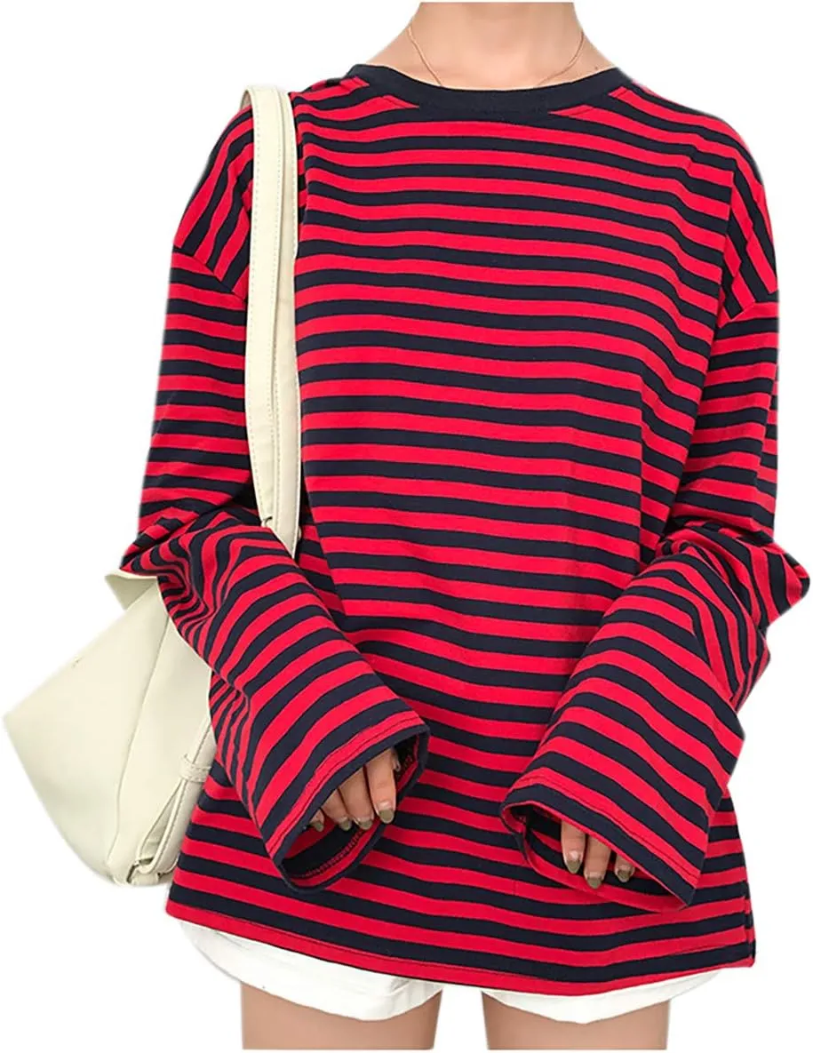 Women Girls Casual Oversized Striped T Shirt Long Sleeves Pullover Sweatshirt Tops