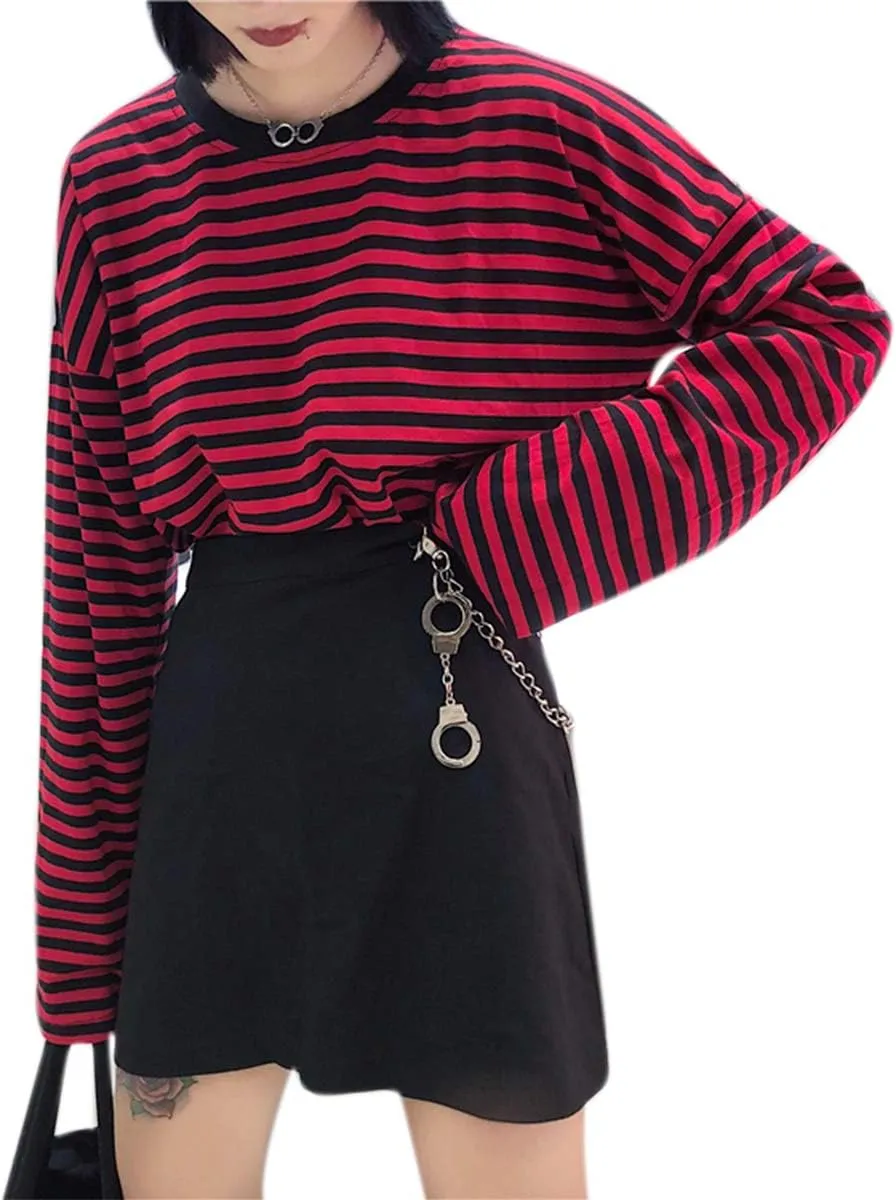 Women Girls Casual Oversized Striped T Shirt Long Sleeves Pullover Sweatshirt Tops