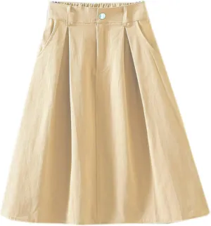Women Girls High Waist Flared Skirt Cotton Pleated Midi A-line Buttoned