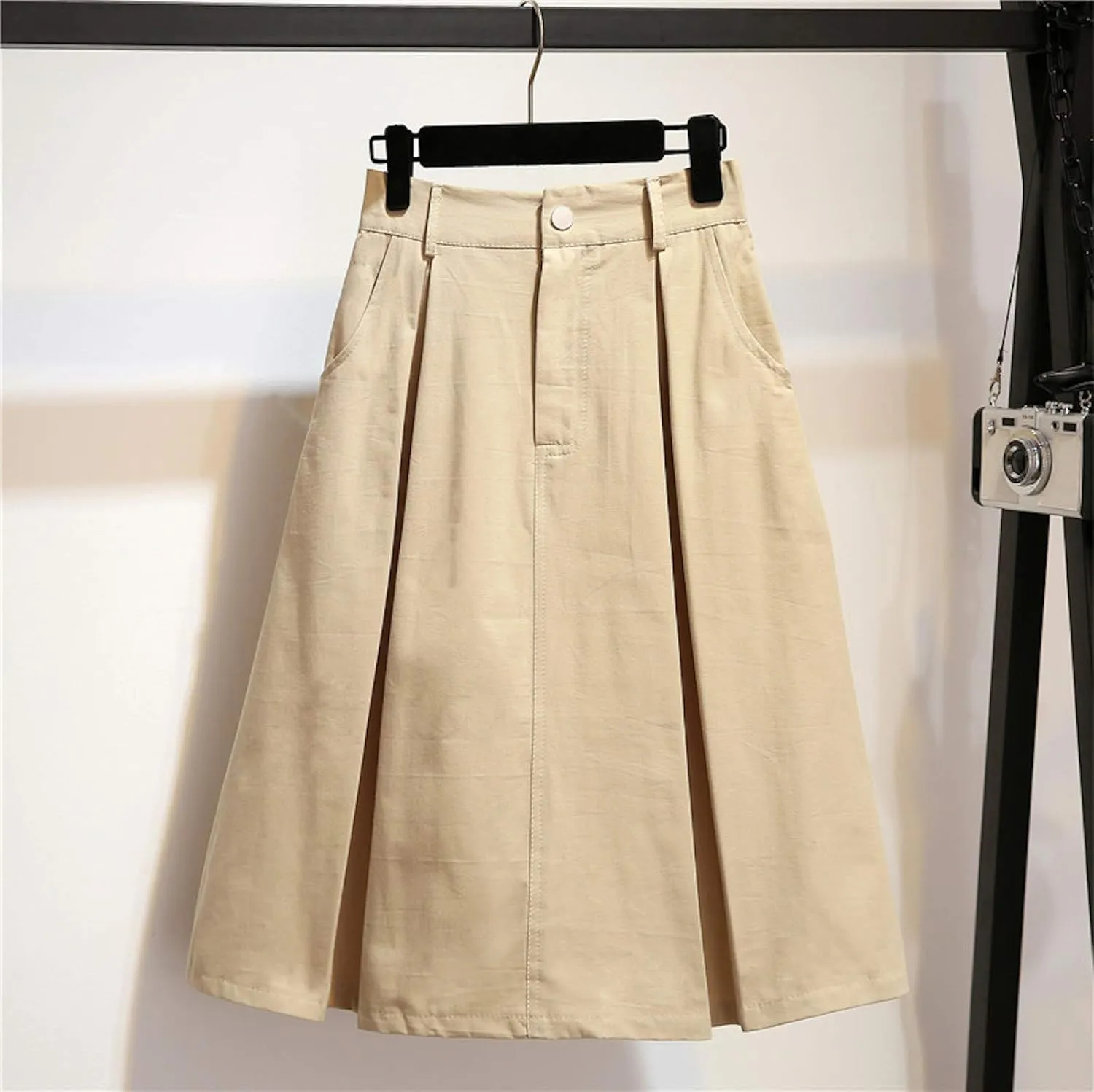 Women Girls High Waist Flared Skirt Cotton Pleated Midi A-line Buttoned