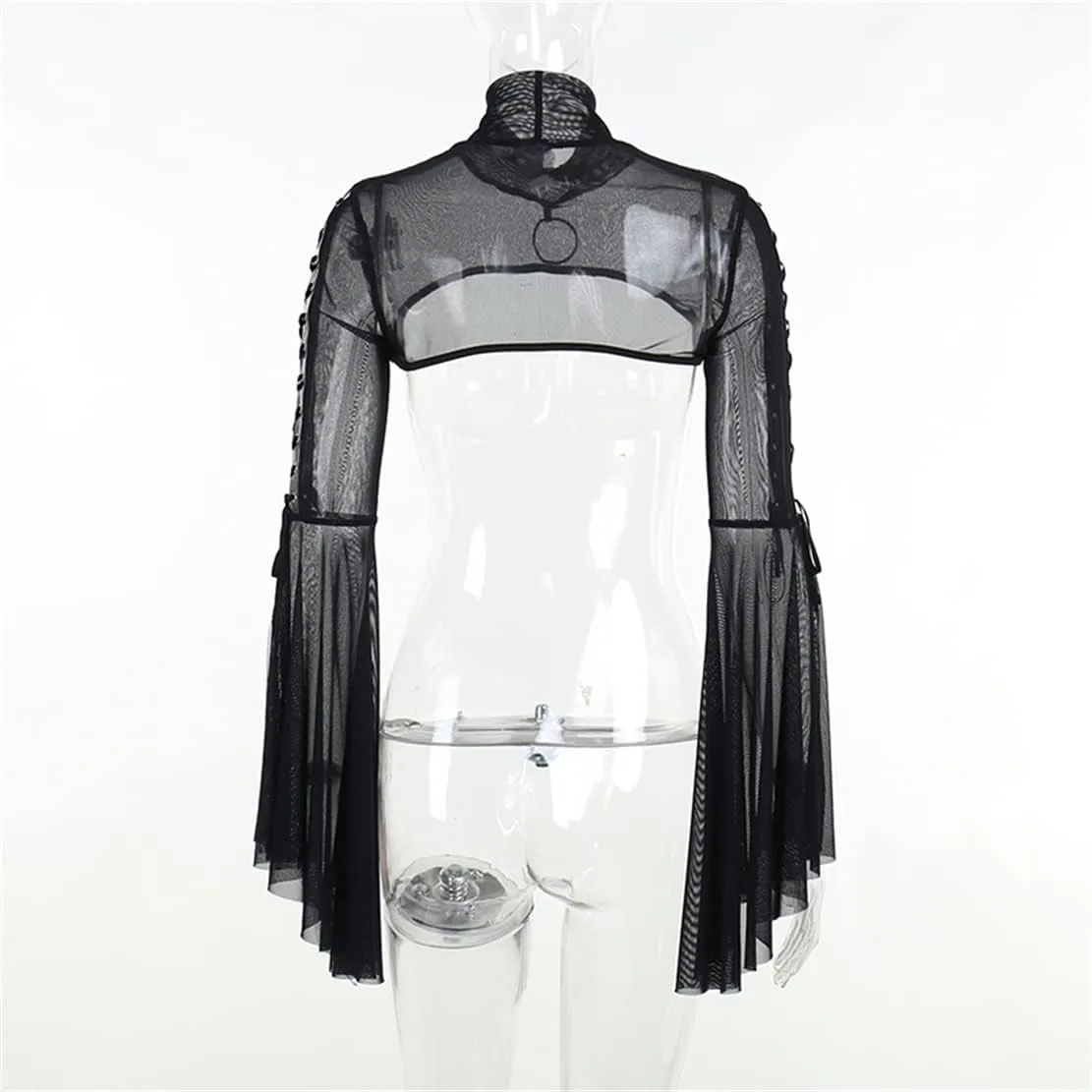Women Goth Tops Punk Cover Ups Mesh Crop Top See Through Sexy Long Sleeve Blouse Y2k Black Rave Outfit Festival