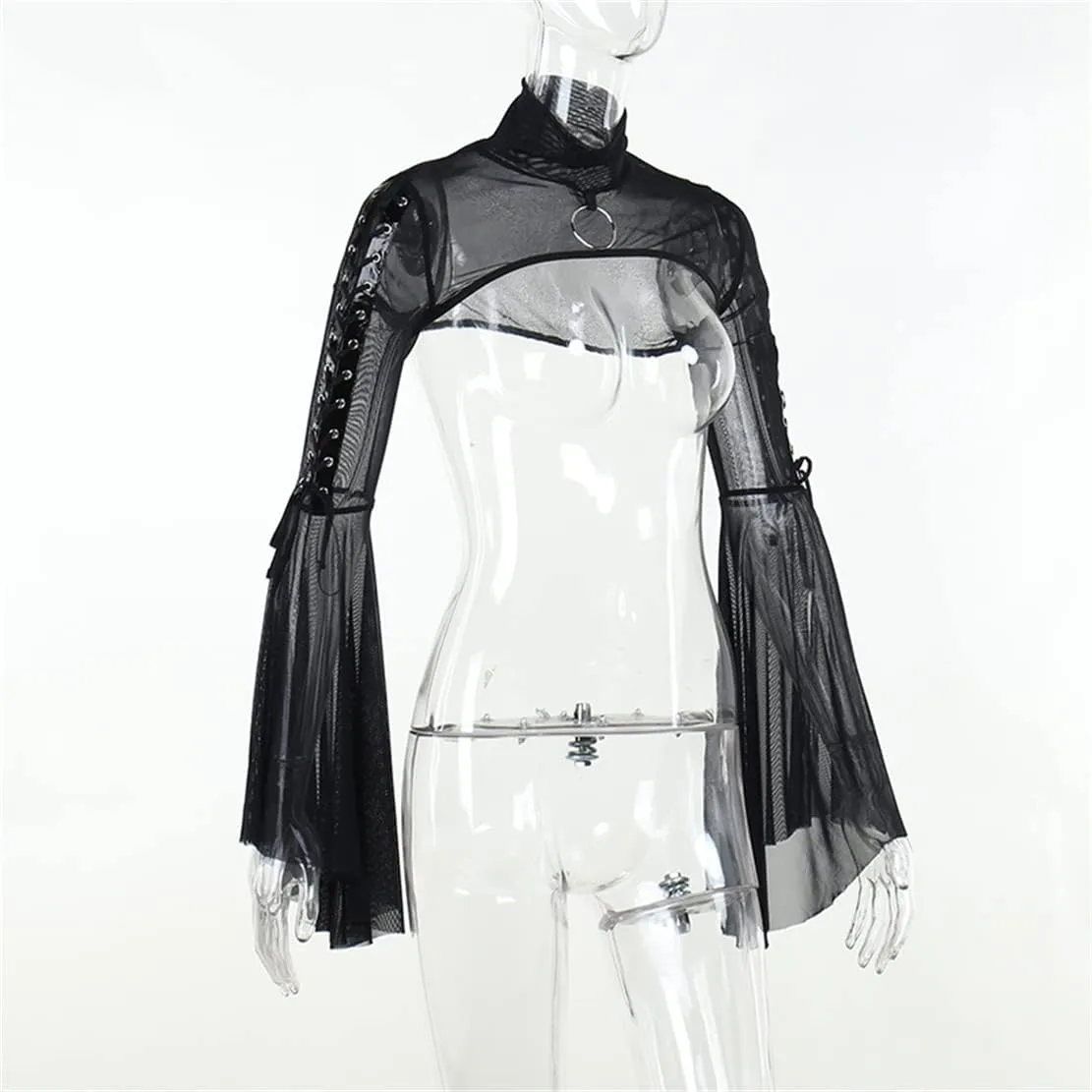 Women Goth Tops Punk Cover Ups Mesh Crop Top See Through Sexy Long Sleeve Blouse Y2k Black Rave Outfit Festival