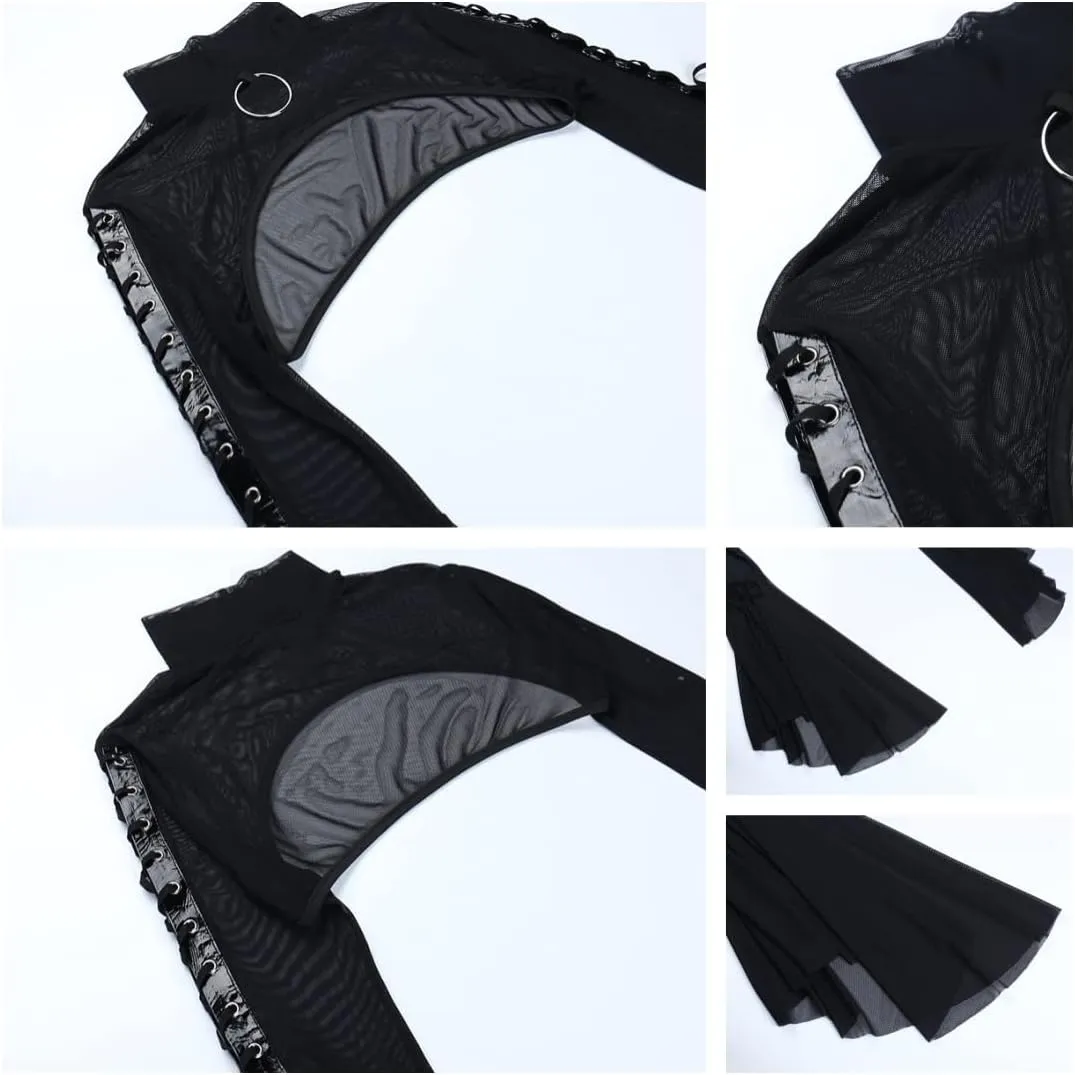 Women Goth Tops Punk Cover Ups Mesh Crop Top See Through Sexy Long Sleeve Blouse Y2k Black Rave Outfit Festival