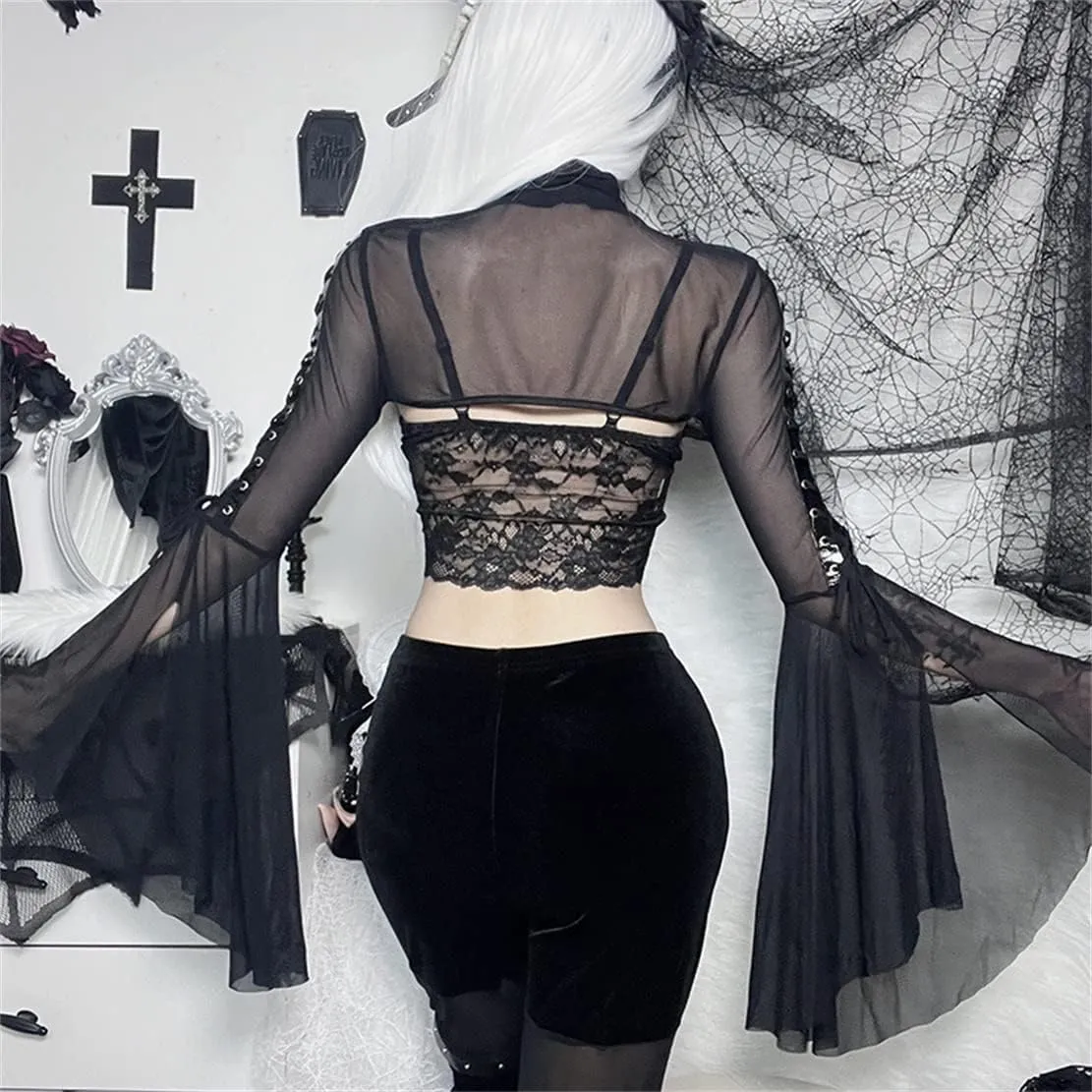 Women Goth Tops Punk Cover Ups Mesh Crop Top See Through Sexy Long Sleeve Blouse Y2k Black Rave Outfit Festival