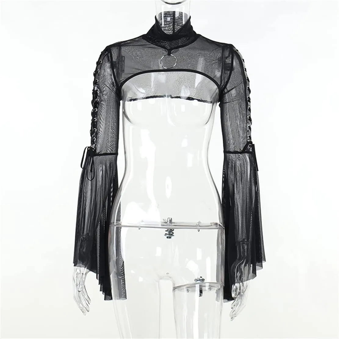 Women Goth Tops Punk Cover Ups Mesh Crop Top See Through Sexy Long Sleeve Blouse Y2k Black Rave Outfit Festival