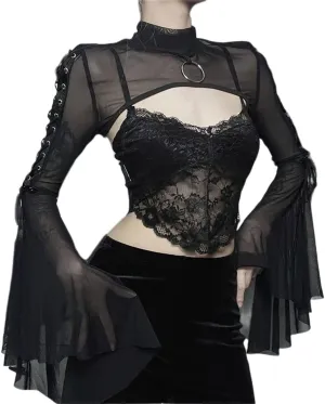 Women Goth Tops Punk Cover Ups Mesh Crop Top See Through Sexy Long Sleeve Blouse Y2k Black Rave Outfit Festival