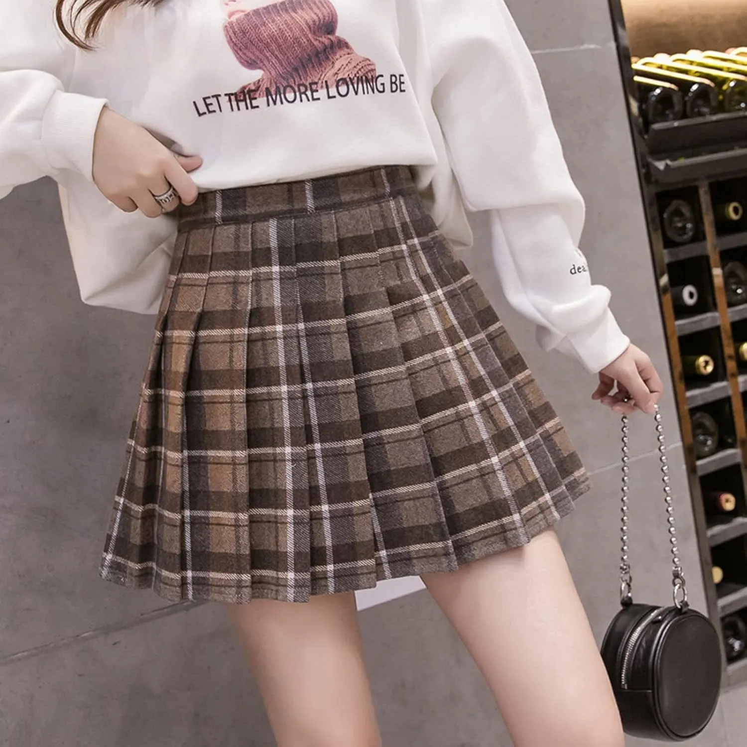 Women Grids Skirt A Line Furry Pleated Woolen Plaid Pleated High Waist Skirt Leather Pencil Skirt with Slit