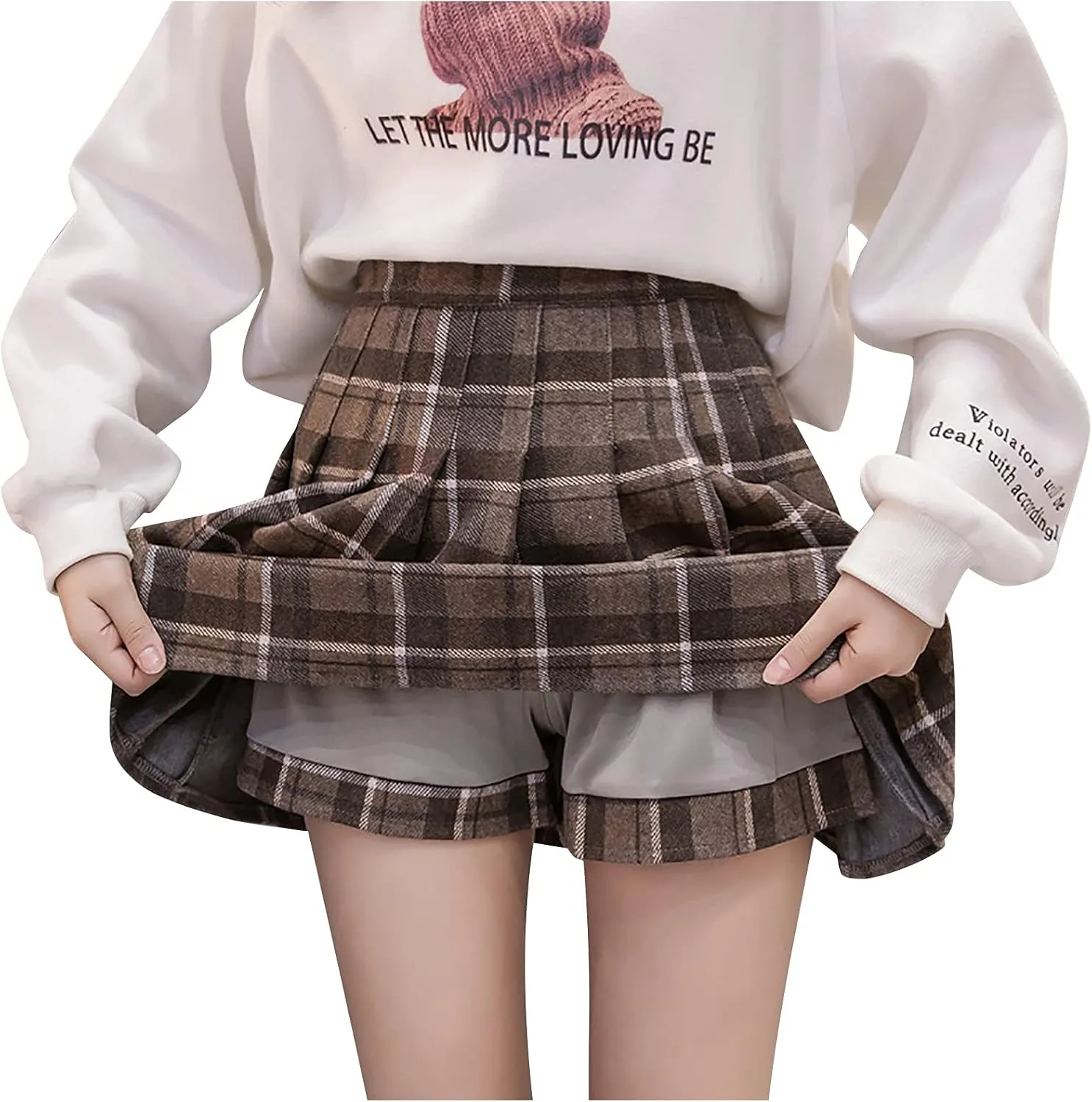 Women Grids Skirt A Line Furry Pleated Woolen Plaid Pleated High Waist Skirt Leather Pencil Skirt with Slit