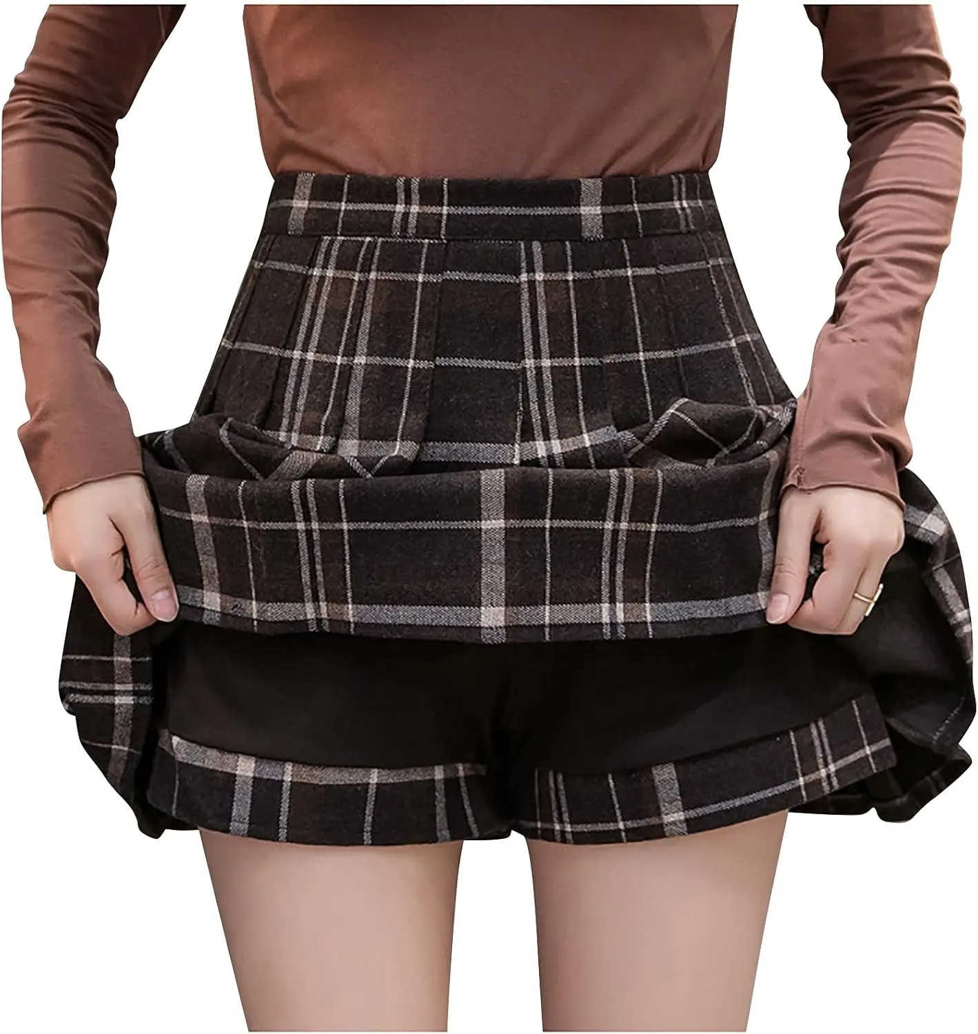 Women Grids Skirt A Line Furry Pleated Woolen Plaid Pleated High Waist Skirt Leather Pencil Skirt with Slit