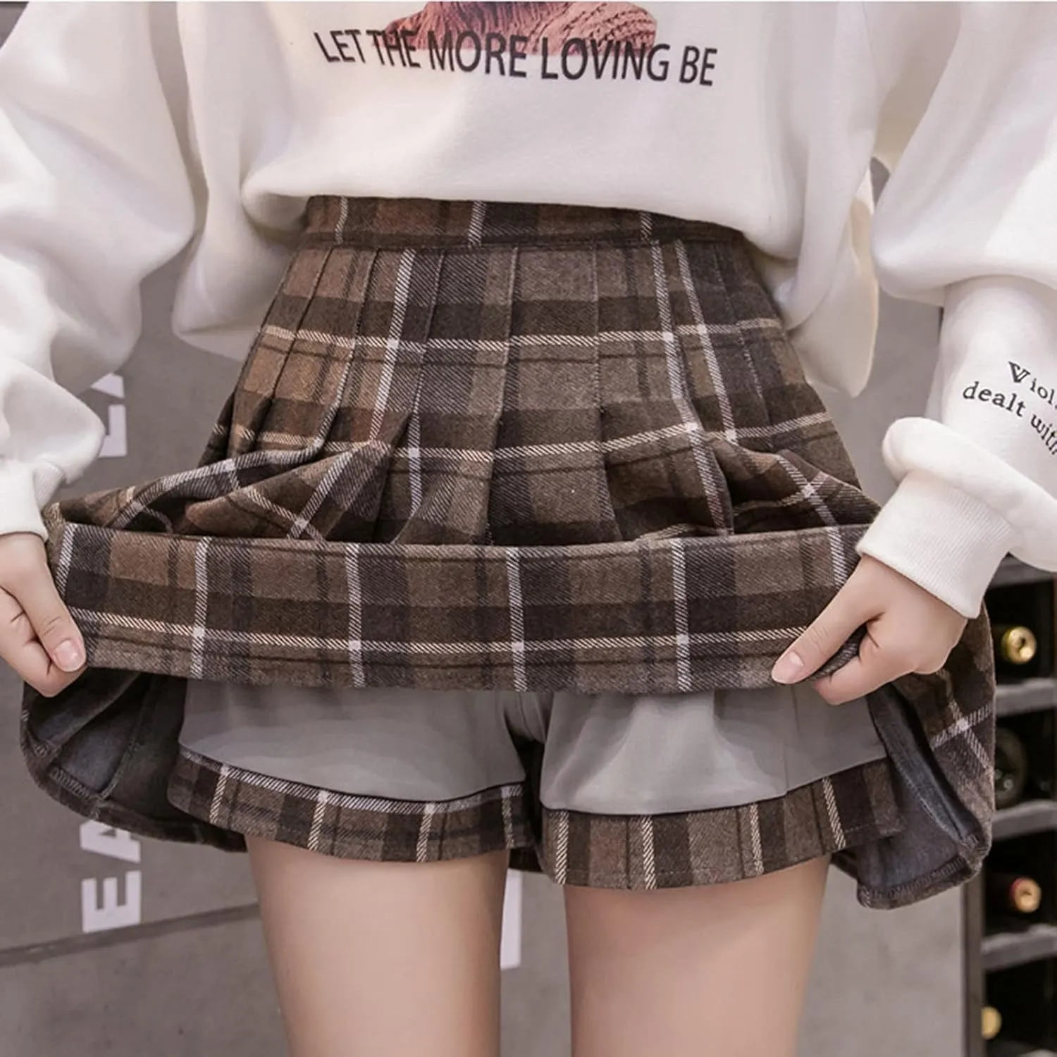 Women Grids Skirt A Line Furry Pleated Woolen Plaid Pleated High Waist Skirt Leather Pencil Skirt with Slit