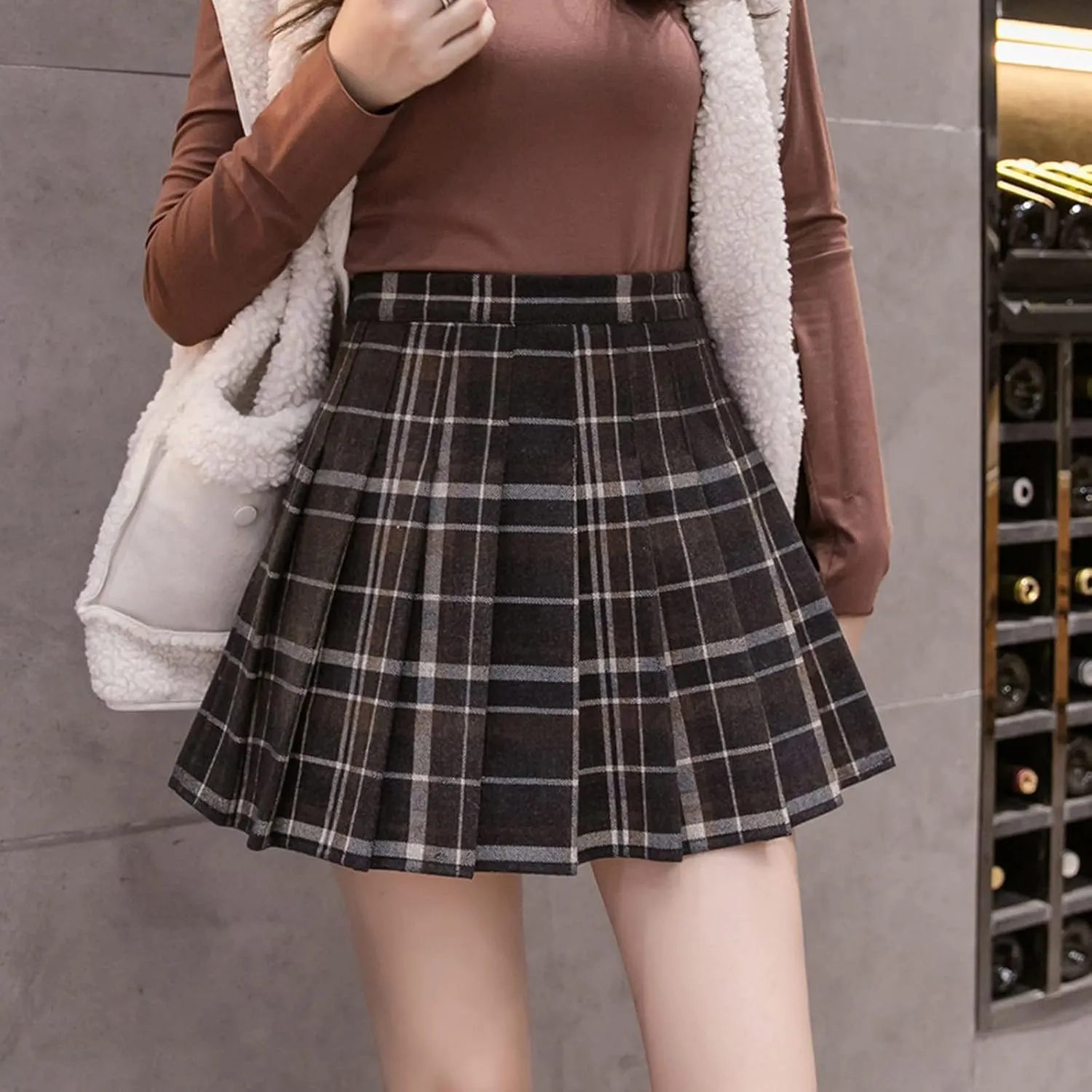 Women Grids Skirt A Line Furry Pleated Woolen Plaid Pleated High Waist Skirt Leather Pencil Skirt with Slit