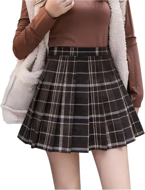 Women Grids Skirt A Line Furry Pleated Woolen Plaid Pleated High Waist Skirt Leather Pencil Skirt with Slit