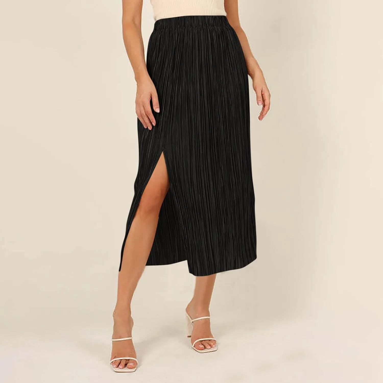 Women High Waist Pleated Skirts Trendy Split Thigh Skirt Summer Boho Flowy Maxi Skirt Solid A Line Beach Long Skirts