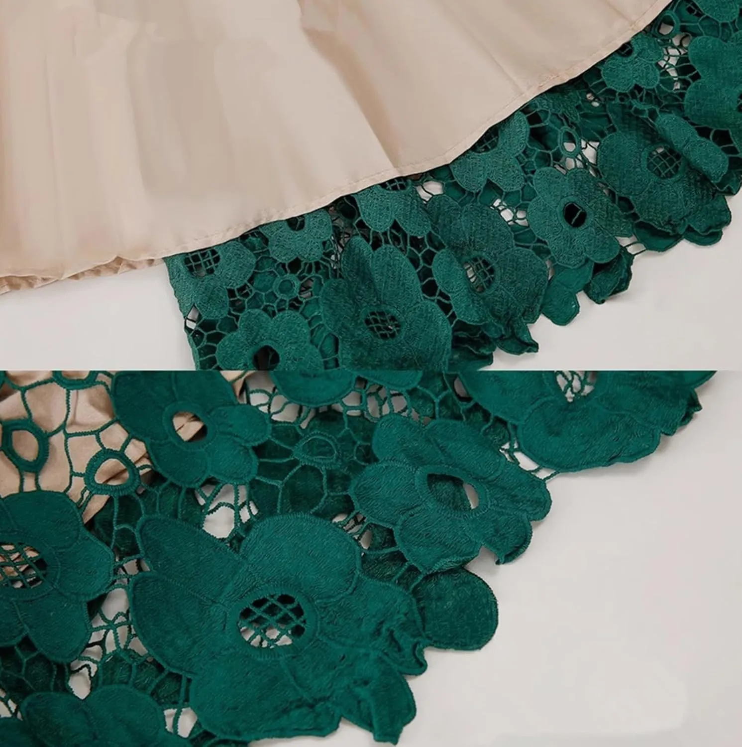 Women Hollow-Out Floral Lace High Waist Pleated A-Line Midi Skirt Knee Length Flared Midi Skirts