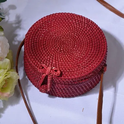 Women Hollow Woven Rattan Round Straw Shoulder Bag