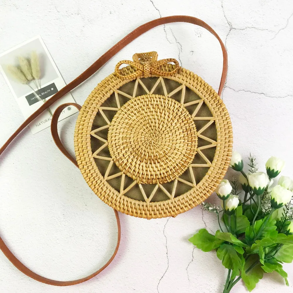 Women Hollow Woven Rattan Round Straw Shoulder Bag