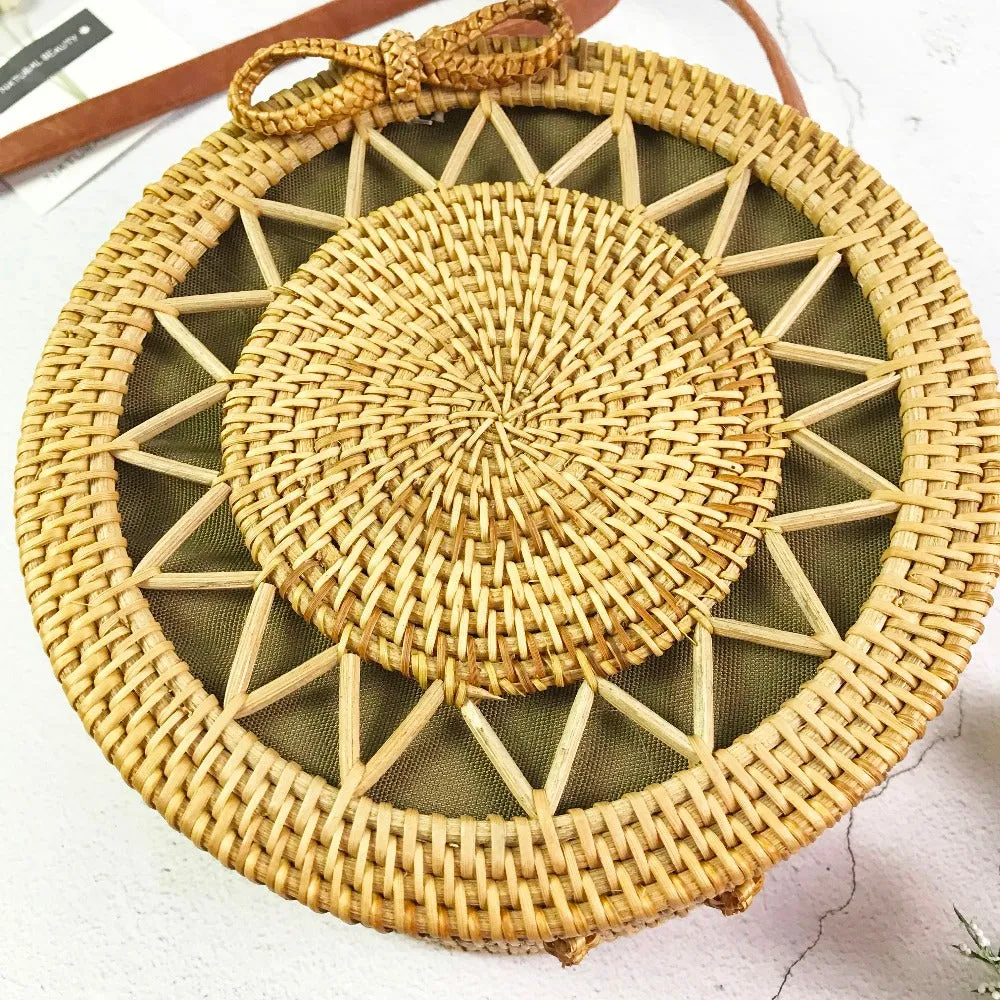 Women Hollow Woven Rattan Round Straw Shoulder Bag