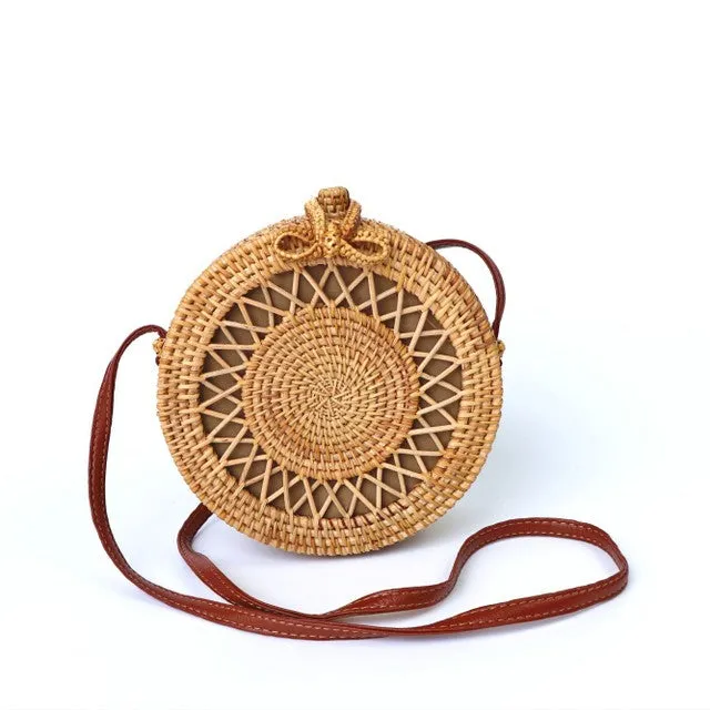 Women Hollow Woven Rattan Round Straw Shoulder Bag
