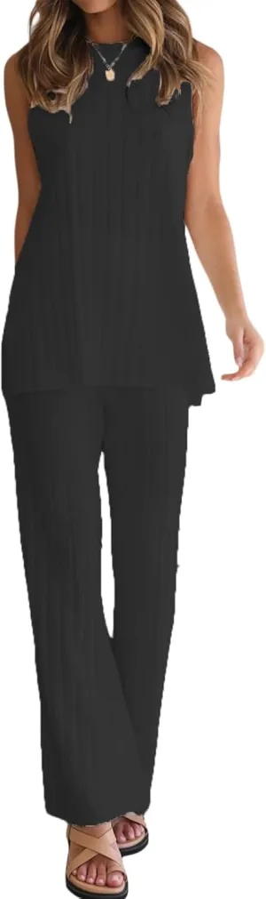 Women Knit Set 2 Piece Outfits Solid Color Long Sweater Vest Split Tank Tops High Waist Wide Leg Pants Loungewear