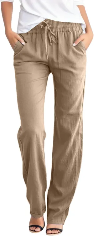 Women Linen Palazzo Pants Casual Dressy High Waist Drawstring Summer Pants for Women 2024 Straight Wide Leg Trousers