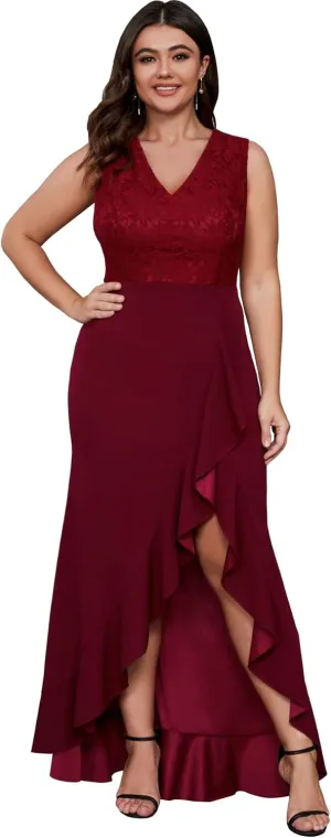 Women Plus Size Fashion Lace V-Neck Bodice Ruffle Mermaid Hem Party Dress