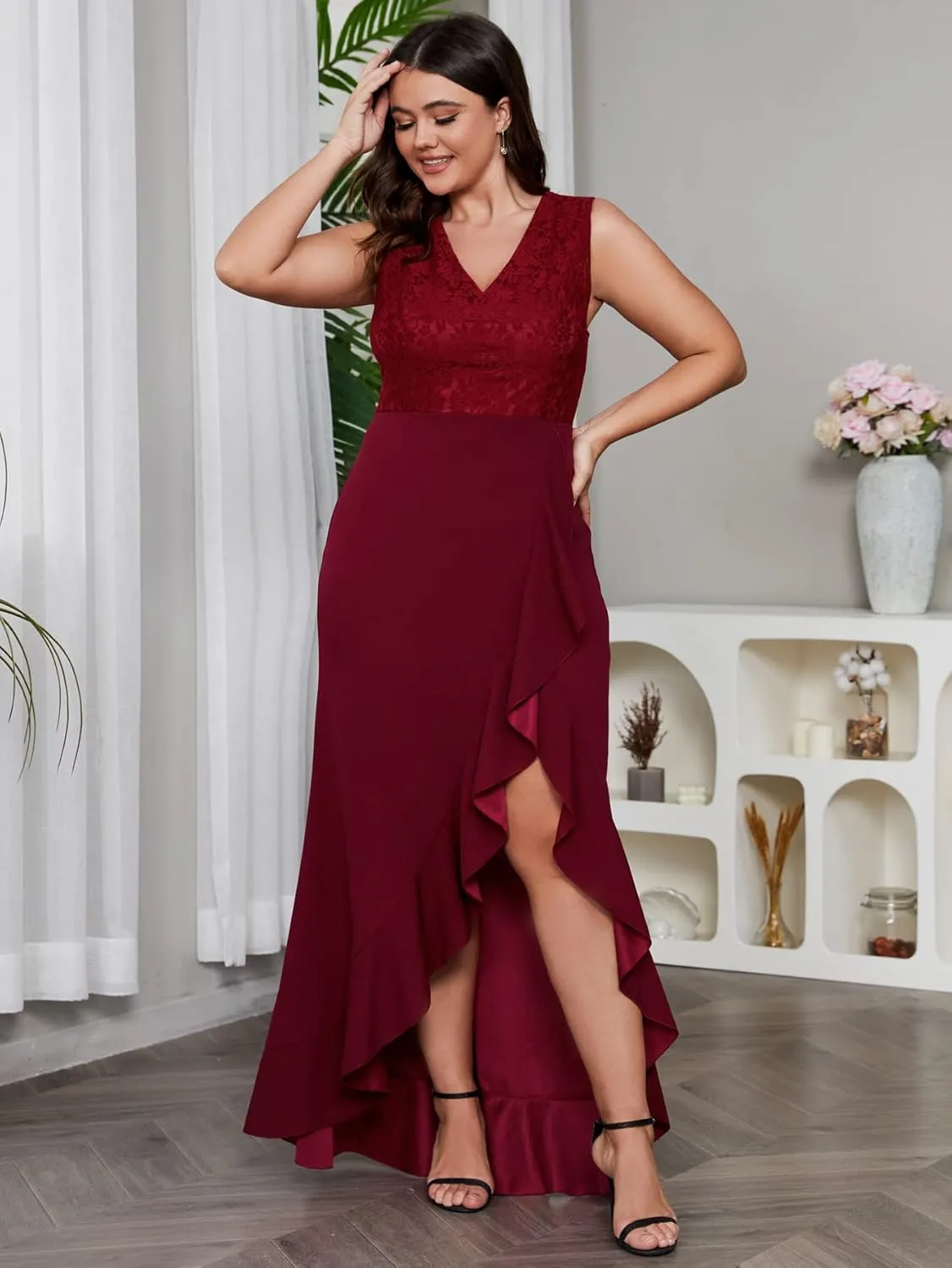 Women Plus Size Fashion Lace V-Neck Bodice Ruffle Mermaid Hem Party Dress