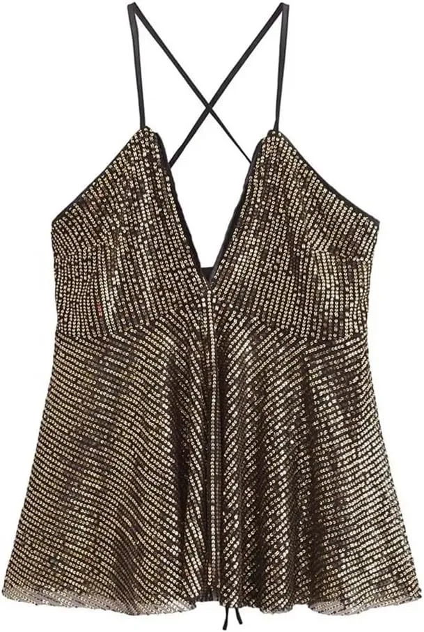 Women Sequin Party Short Tank Tops Solid Color Backless Camisole Sleeveless Crop Top