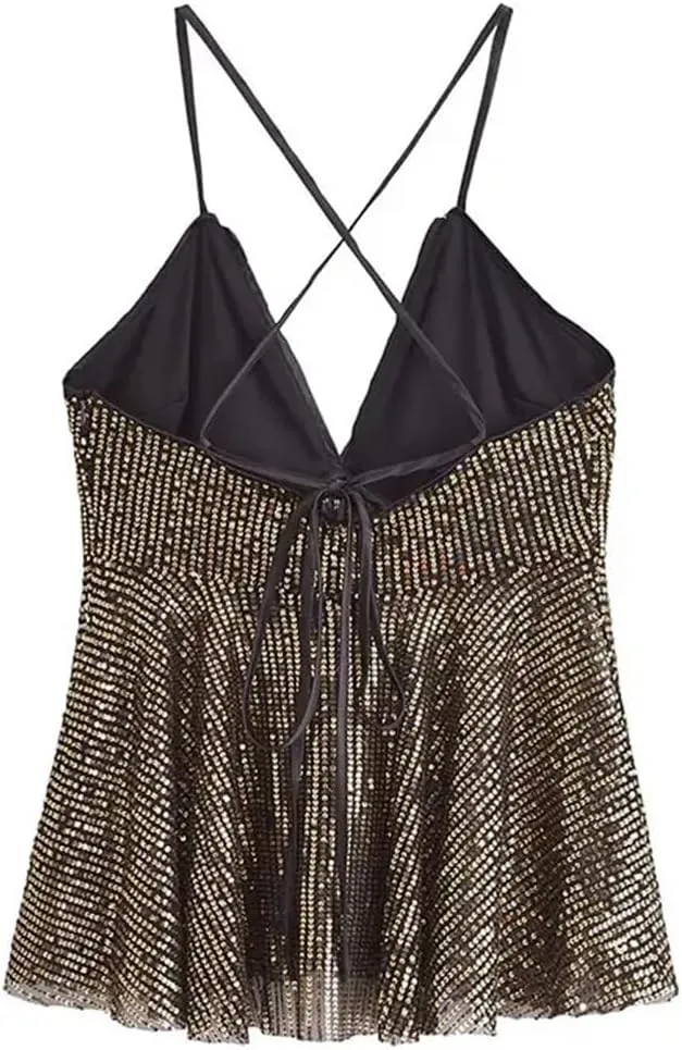 Women Sequin Party Short Tank Tops Solid Color Backless Camisole Sleeveless Crop Top