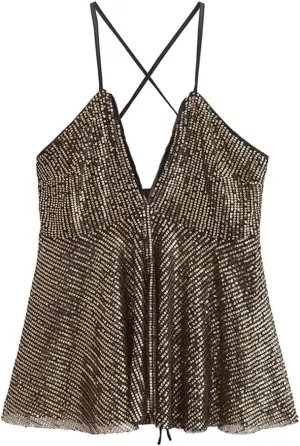 Women Sequin Party Short Tank Tops Solid Color Backless Camisole Sleeveless Crop Top