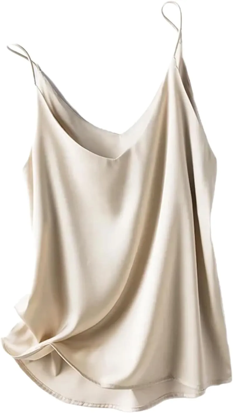 Women Silk Spaghetti Strap Scoop Neck Ribbed Tank Tops Slim Fitted Camisole Basic Sleeveless Shirts
