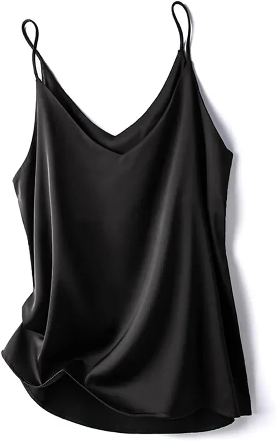 Women Silk Spaghetti Strap Scoop Neck Ribbed Tank Tops Slim Fitted Camisole Basic Sleeveless Shirts