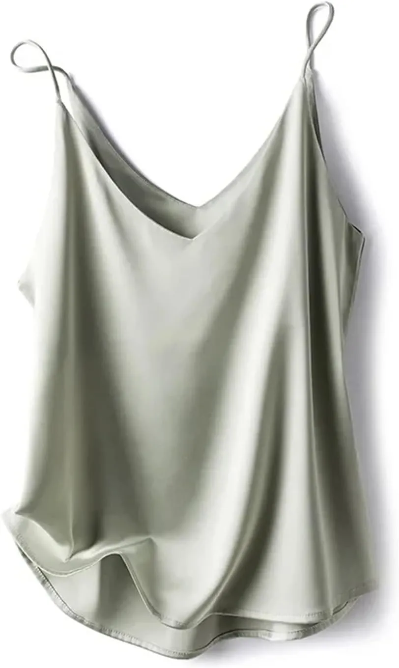 Women Silk Spaghetti Strap Scoop Neck Ribbed Tank Tops Slim Fitted Camisole Basic Sleeveless Shirts