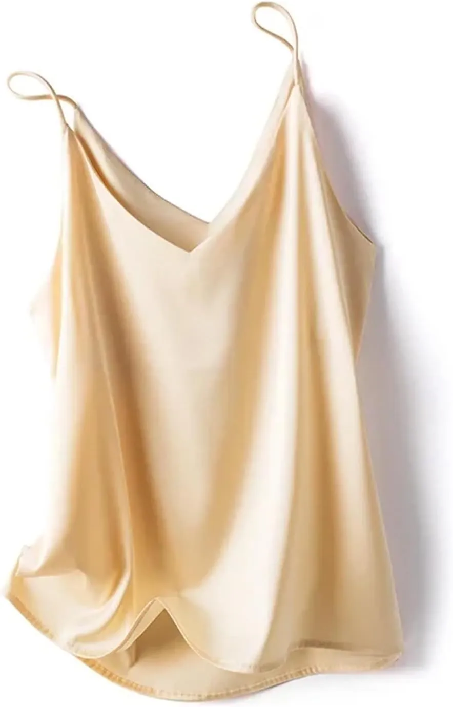 Women Silk Spaghetti Strap Scoop Neck Ribbed Tank Tops Slim Fitted Camisole Basic Sleeveless Shirts