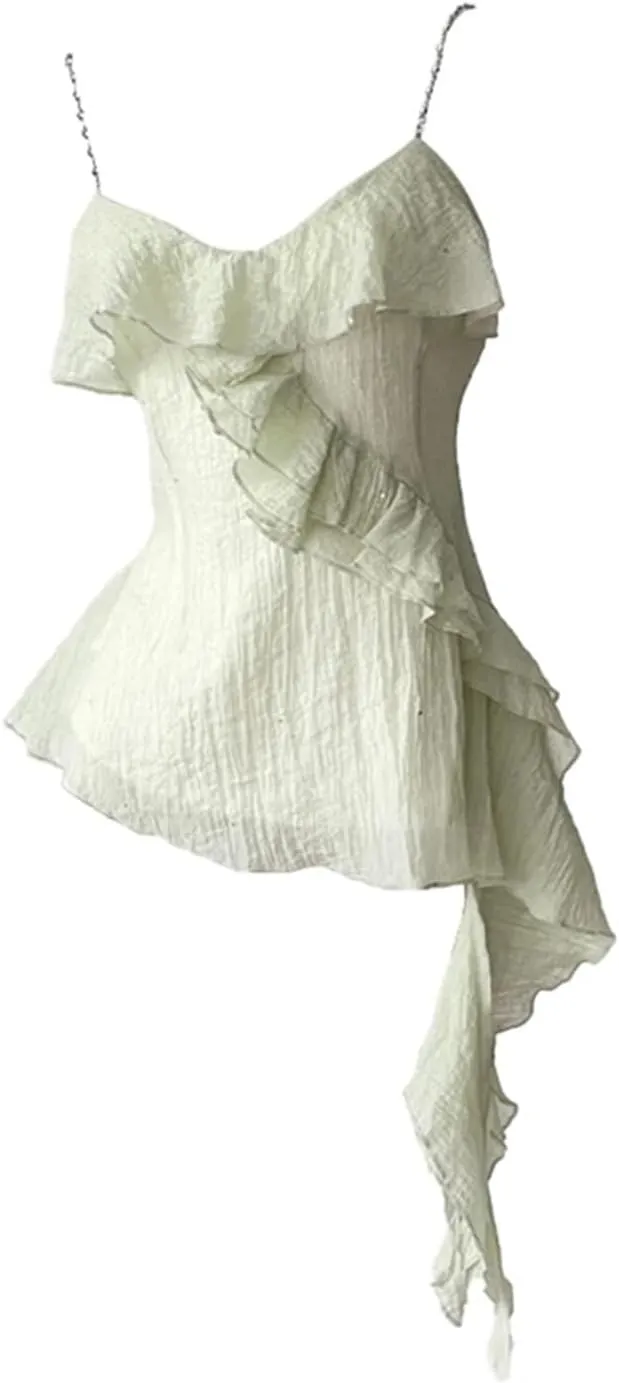 Women Solid Color Chiffon Camisole Sleeveless Ruffle Tank Tops Summer Irregular Casual Top