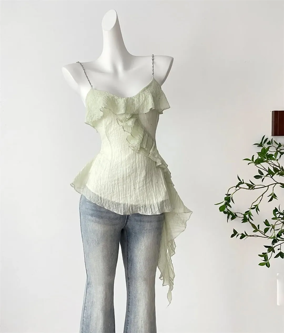 Women Solid Color Chiffon Camisole Sleeveless Ruffle Tank Tops Summer Irregular Casual Top