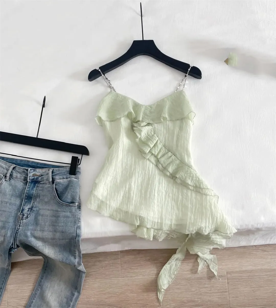 Women Solid Color Chiffon Camisole Sleeveless Ruffle Tank Tops Summer Irregular Casual Top
