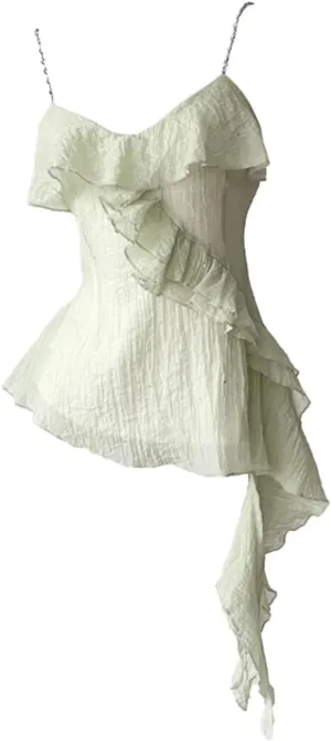 Women Solid Color Chiffon Camisole Sleeveless Ruffle Tank Tops Summer Irregular Casual Top