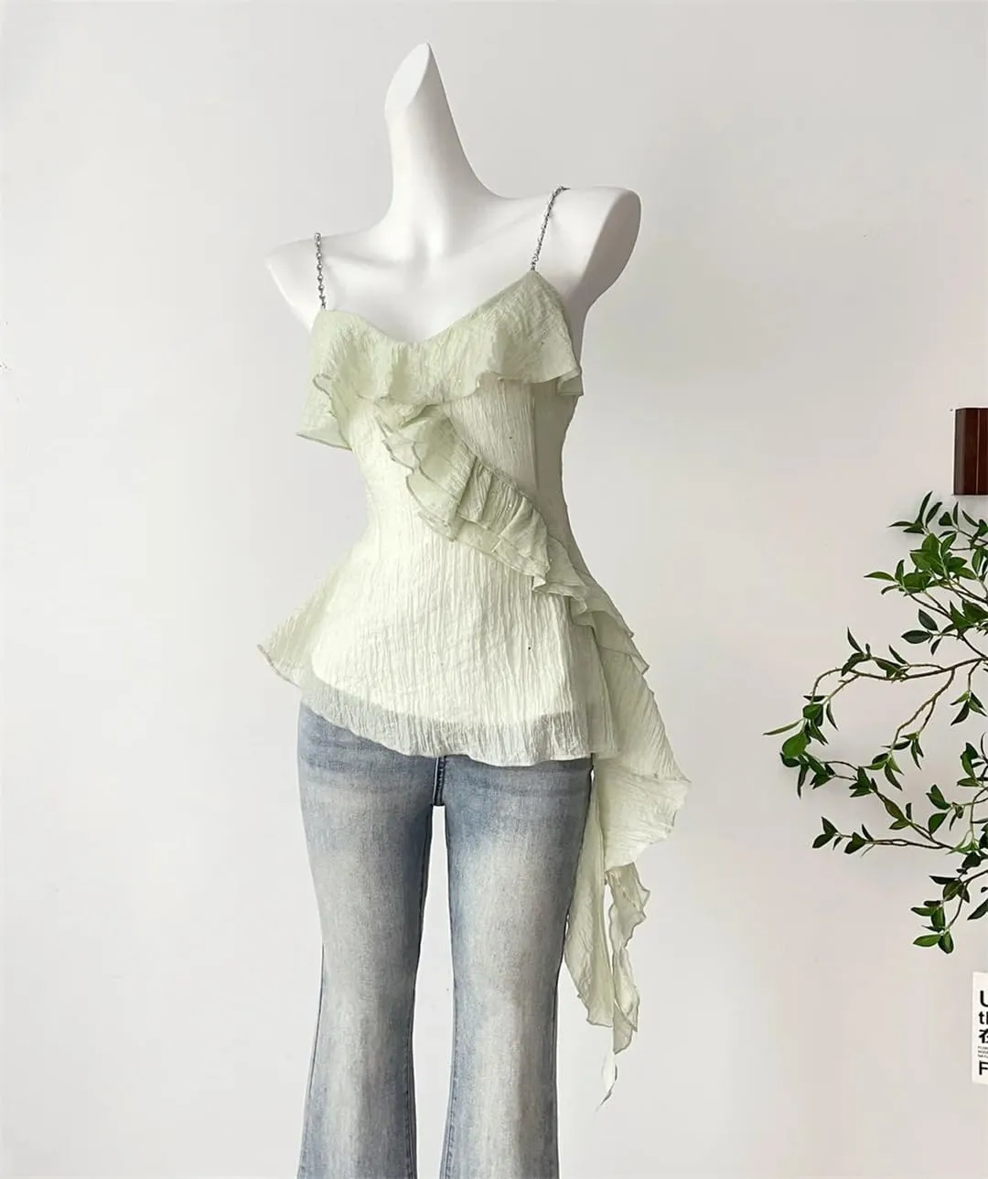Women Solid Color Chiffon Camisole Sleeveless Ruffle Tank Tops Summer Irregular Casual Top