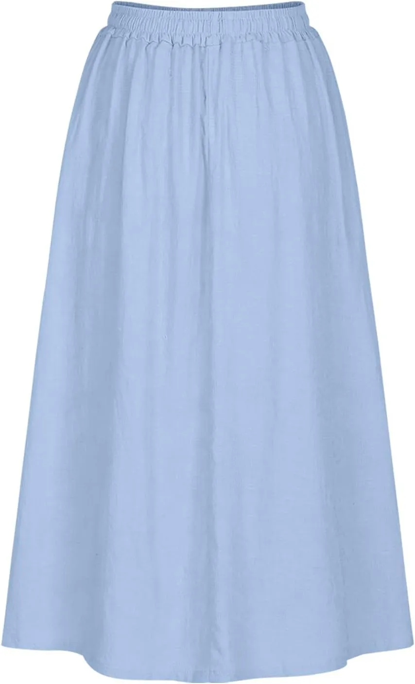 Women Summer Cotton Linen Loose Midi Skirt, Fashion Vintage Jacquard Embroidered Casual Skirts Elastic Waist Skirts