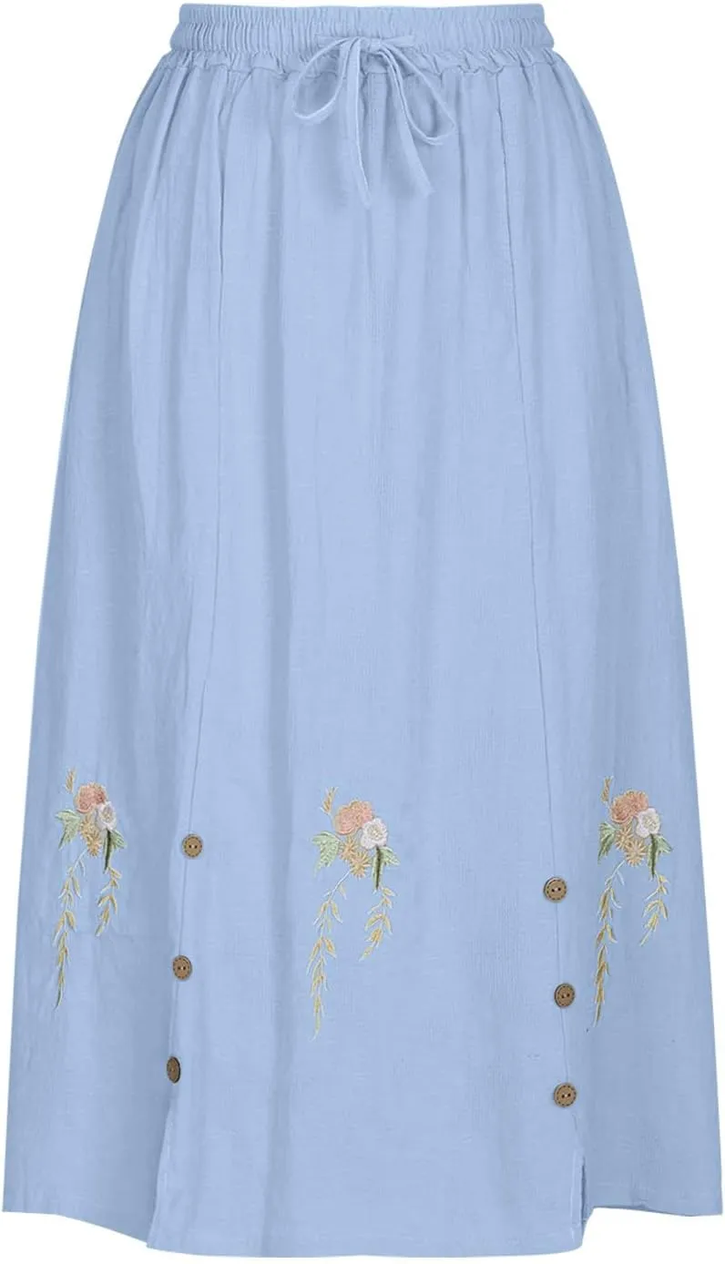 Women Summer Cotton Linen Loose Midi Skirt, Fashion Vintage Jacquard Embroidered Casual Skirts Elastic Waist Skirts