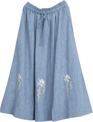 Women Summer Cotton Linen Loose Midi Skirt, Fashion Vintage Jacquard Embroidered Casual Skirts Elastic Waist Skirts