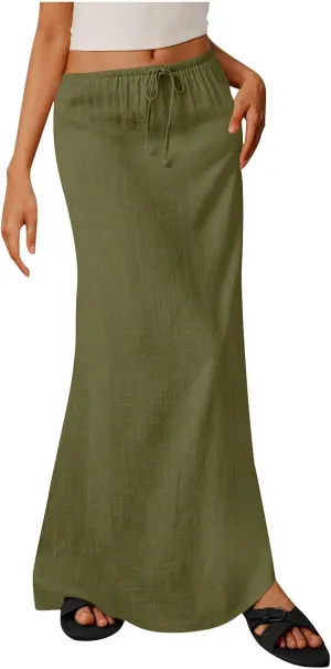 Women Summer Maxi Skorts 2025 Fashion Cotton Linen Elastic Waist Drawstring Skirts Solid Casual Vacation Flowy Skirt