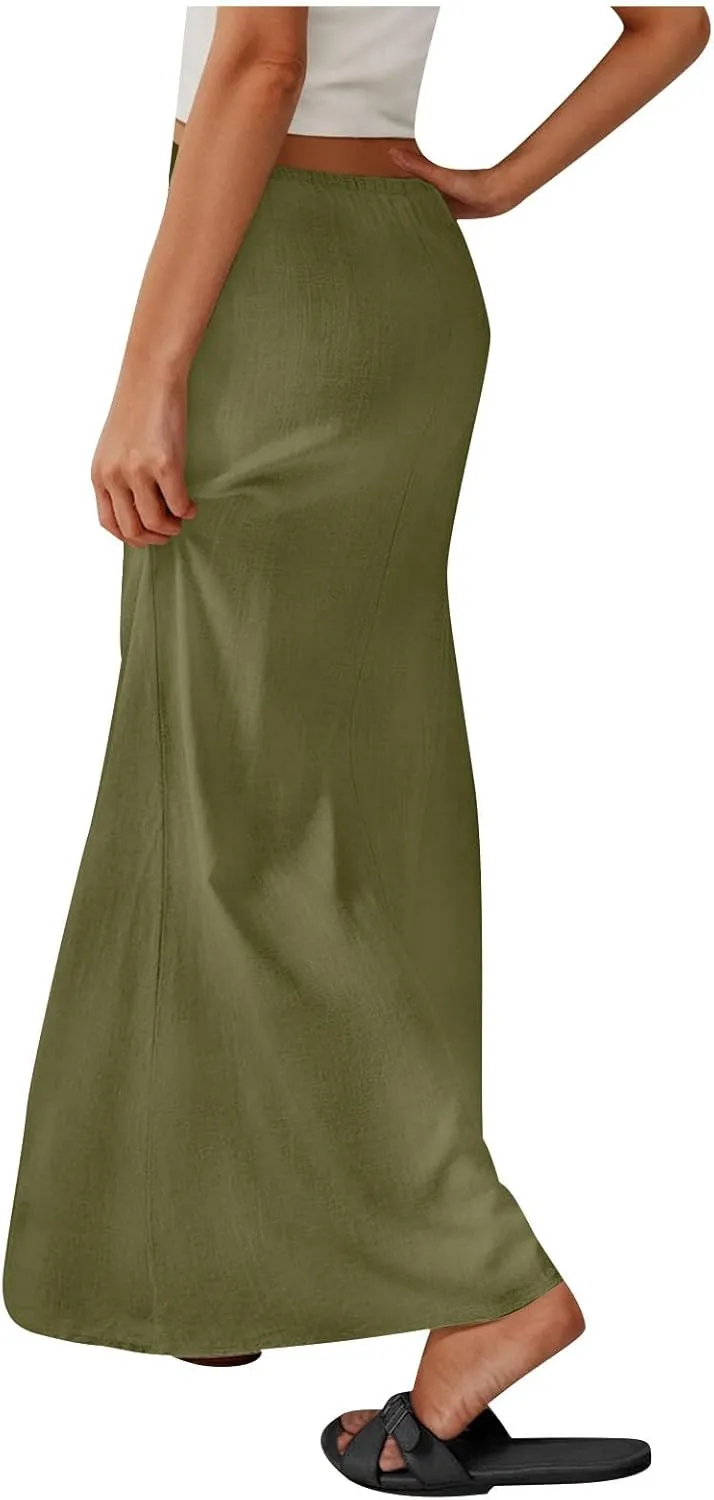 Women Summer Maxi Skorts 2025 Fashion Cotton Linen Elastic Waist Drawstring Skirts Solid Casual Vacation Flowy Skirt