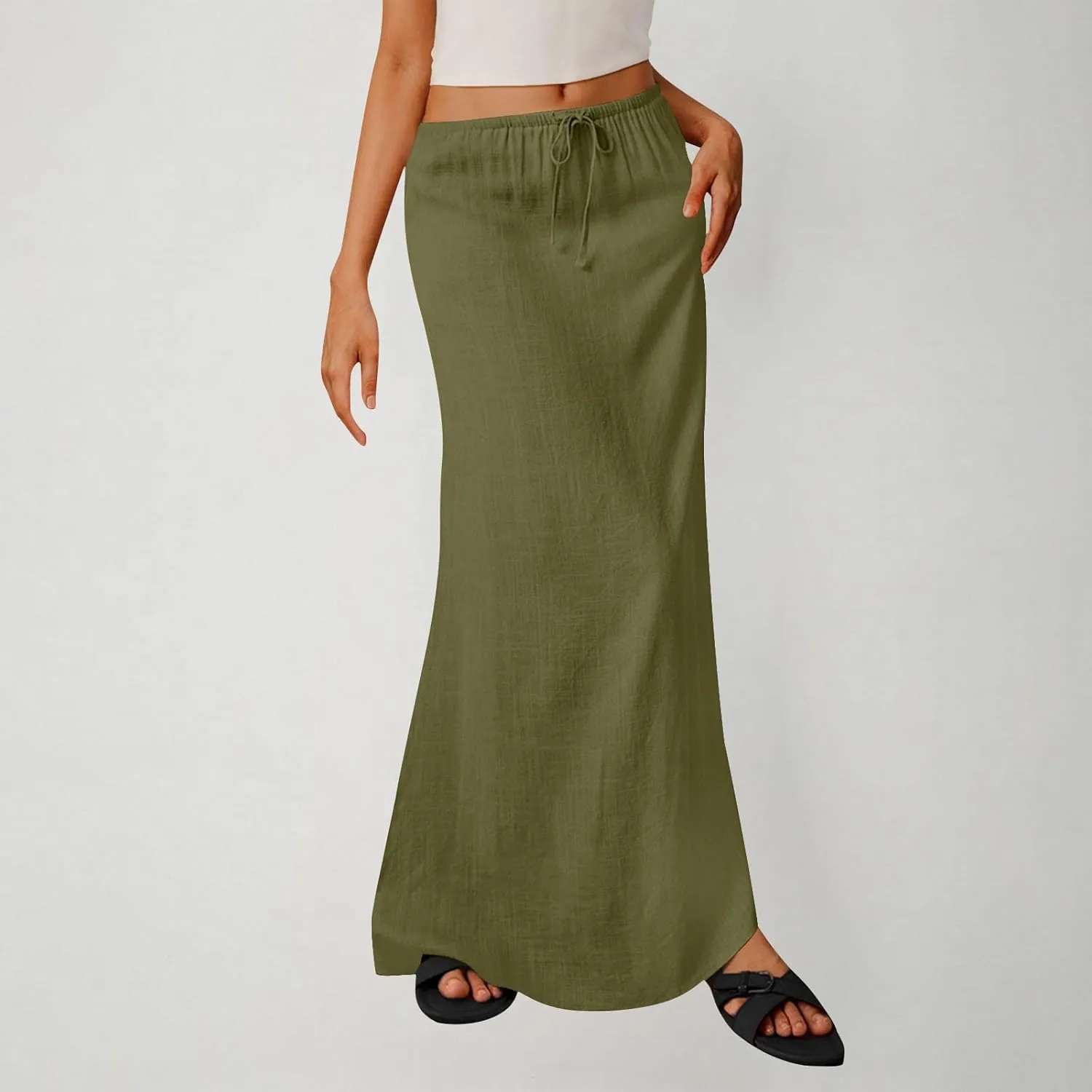 Women Summer Maxi Skorts 2025 Fashion Cotton Linen Elastic Waist Drawstring Skirts Solid Casual Vacation Flowy Skirt