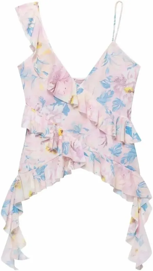 Women Summer Sleeveless Stacked Printing Tank Top Casual Backless Sexy Short Camisole