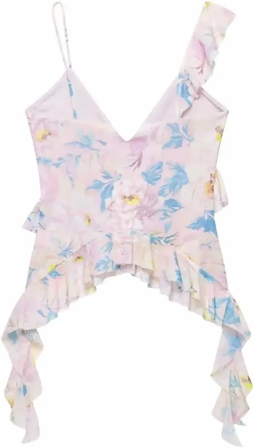 Women Summer Sleeveless Stacked Printing Tank Top Casual Backless Sexy Short Camisole